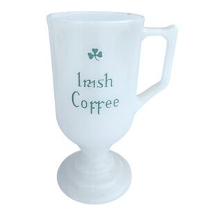 Vintage Milk Glass Irish Coffee Footed Mug Shamrock Green White Pedestal Goblet